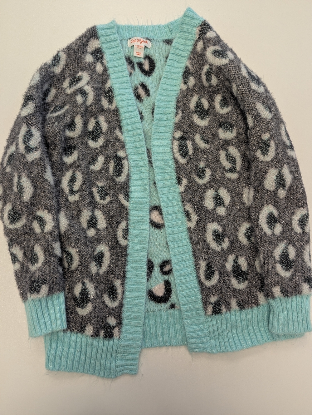 Cat & Jack Aqua Trim Gray Leopard Print Cardigan